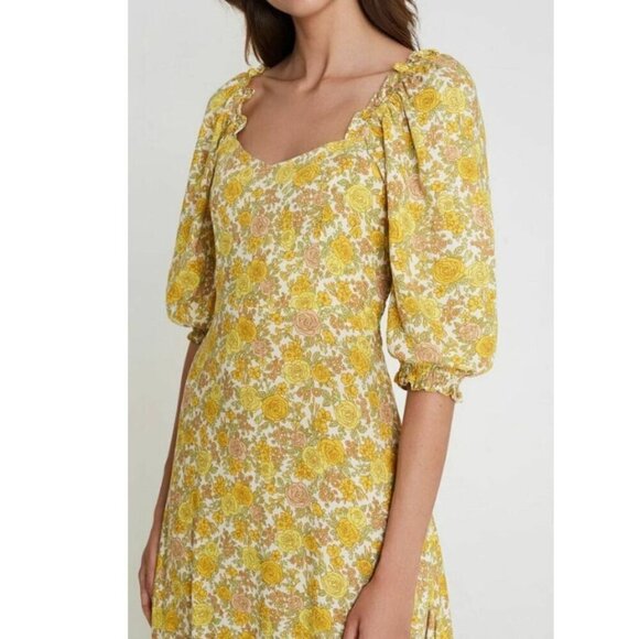 Faithfull The Brand Dress 10 Yellow Floral Puff Short Sleeve A-Line Midi Bronte - Picture 2 of 7